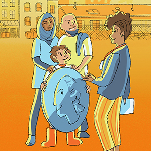 family learning about money and holding a coin